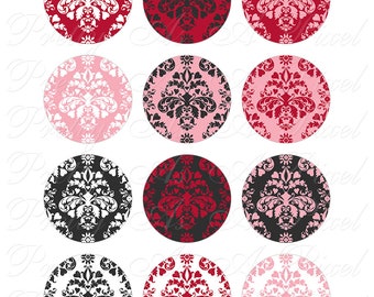 Damask Love - 2 inch circles - INSTANT DOWNLOAD - Two Inch - Digital Collage Sheet commercial use Valentine pattern