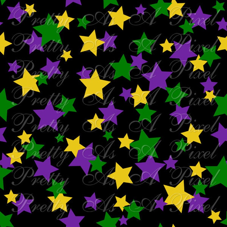 May include: A seamless pattern featuring yellow, green, and purple stars on a black background. The text "Pretty As A Pixel" is repeated throughout the pattern.