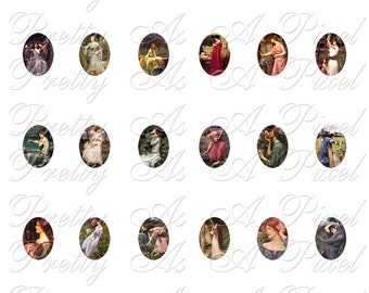 May include: A set of 20 round, oval-shaped digital art prints featuring women in various poses and settings. The prints are in a vintage style and feature muted colors.