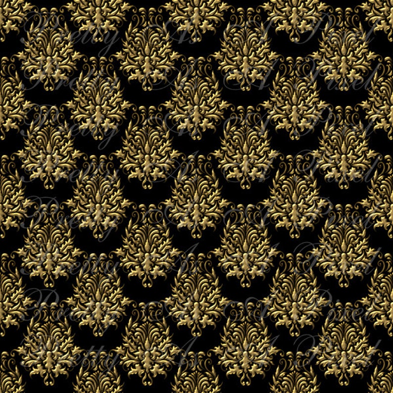 Printable Scrapbook Paper - Black & Gold Damask - 12 X 12 - Set of 12 ...
