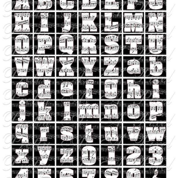 Sheet Music Alphabet - 3 tailles - Inchies, 7-8 pouces, ET taille de tuile de scrabble .75 x .83 pouces - Feuille de Collage numérique - TÉLÉCHARGEMENT INSTANTANÉ