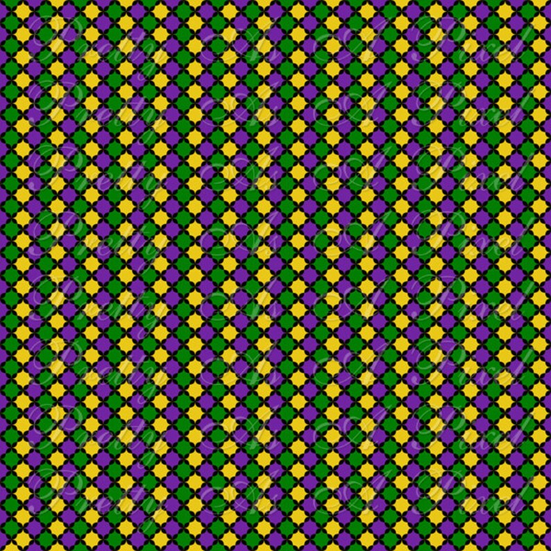 May include: A seamless pattern featuring a repeating design of green, purple, and yellow diamonds on a black background.