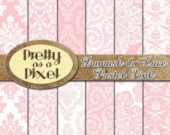 Damask & Lace - Pastel Pink - Digital Paper Pack - INSTANT DOWNLOAD - Scrapbooking Backgrounds - 12 x 12 - Set of 12