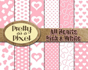 All Hearts Pink & White - Digital Paper Pack - Scrapbooking Backgrounds - INSTANT DOWNLOAD - Personal or Commercial - 12 x 12 - Set of 12