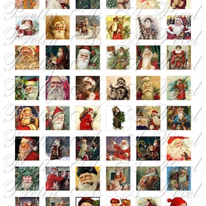 May include: A collection of vintage Santa Claus images in square format. Each image features Santa in various poses and settings, with a focus on traditional Christmas themes. The images are in a variety of colors, including red, white, and green.