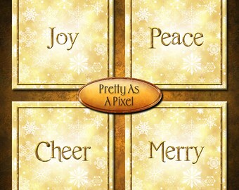 印刷可能な4x4と3.8x3.8のクリスマスゴールド＆ホワイトスノーフレーク「ゴールデンクリスマスワード」コースター、カード、タグ用、即時ダウンロード