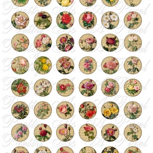 Rosas Vintage en Cartas Viejas - Círculos de una Pulgada - Hoja de Collage Digital - DESCARGA INSTANTE