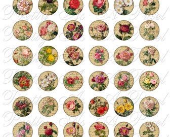 May include: Set of 36 vintage-style round digital paper scrapbook embellishments featuring various floral designs with roses, leaves, and stems on a cream background with handwritten text.
