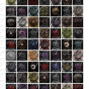 Puede incluir: Un conjunto de 36 cuadrados de papel digital con varios diseños de temática gótica y medieval. Los diseños incluyen cruces, estrellas, círculos y otras formas geométricas. Los colores son principalmente negro, gris y marrón con acentos de rojo, dorado y verde.