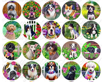 AI Dogs 1 - Dogs In Gardens - 1.5 inch and 40mm circles - For Glass or Resin Pendants Magnets - Crafts - Printable Digital Collage Sheet