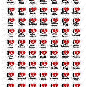 Kocham mojego psa - Rasy psów - Koła jednocalowe - NATYCHMIASTOWE POBIERANIE - Arkusz kolażu cyfrowego