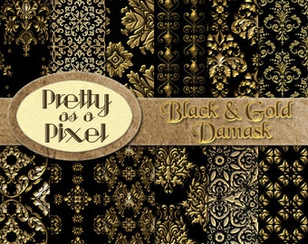 Printable Scrapbook Paper - Black & Gold Damask - 12 x 12 - Set of 12 - INSTANT DOWNLOAD