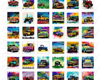 水彩画の農場用トラックとトラクター - 2 つのサイズ - インチとスクラブル タイルのサイズ 0.75 x 0.83 インチ - デジタル コラージュ シート - 即時ダウンロード
