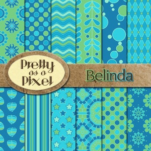 May include: A set of 12 digital paper patterns in shades of blue and green. The patterns include stars, polka dots, stripes, leaves, and geometric designs. The text "Pretty as a Pixel" and "Belinda" are visible on the image.
