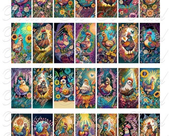 ガーデンチキン - ドミノサイズ - 1 x 2 インチ - 即時ダウンロード - ペンダント、マグネット、ジャンクジャーナル、スクラップブッキング用のデジタルコラージュシート