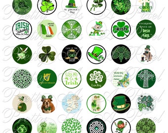 May include: A set of 36 round, 1 inch diameter, edible images for cupcakes or cookies. The images feature various Irish themes, including shamrocks, leprechauns, Celtic knots, and Irish sayings.