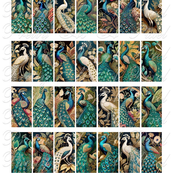 Art Nouveau Peacocks - INSTANT DOWNLOAD - 1x2 inch domino size - Digital Collage Sheet - clip art for jewelry scrapbook junk journal