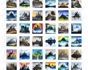 水彩画城 1 - 2 サイズ - インチとスクラブル タイルのサイズ 0.75 x 0.83 インチ - デジタル コラージュ シート - 即時ダウンロード