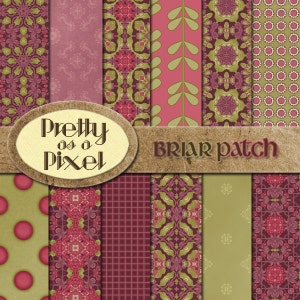 May include: A collection of patterned digital papers in shades of burgundy, pink, and olive green. The designs include floral, geometric, and polka dot patterns. The text "Pretty as a Pixel" and "Briar Patch" are visible.