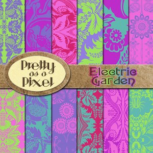 May include: A set of 10 digital papers featuring a repeating floral pattern in shades of pink, green, and purple. The papers are labeled "Pretty as a Pixel" and "Electric Garden".