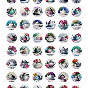 May include: A set of 48 vintage teacup and teapot illustrations. The illustrations are in a watercolor style and feature a variety of colors, including blue, pink, green, and white. The teacups and teapots are decorated with floral patterns and lace.