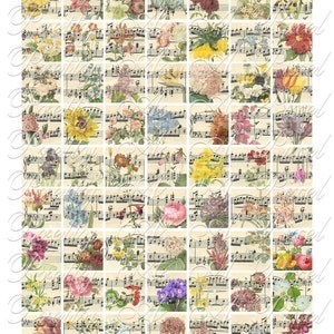 Florale Symphonie - Blumen / Antique Sheet Music - Inchies, 18-20 in, AND Scrabble Größe .75 x .83 in - Digitale Collage Sheet - SOFORTIGER DOWNLOAD