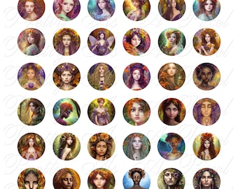 秋の妖精と女神 - AI Gen Art - 1 インチの円 - コラージュシート - 即時ダウンロード