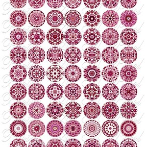 May include: Set of 64 digital printable round images featuring intricate mandala designs in shades of pink and red. The mandalas are circular and have a white background.