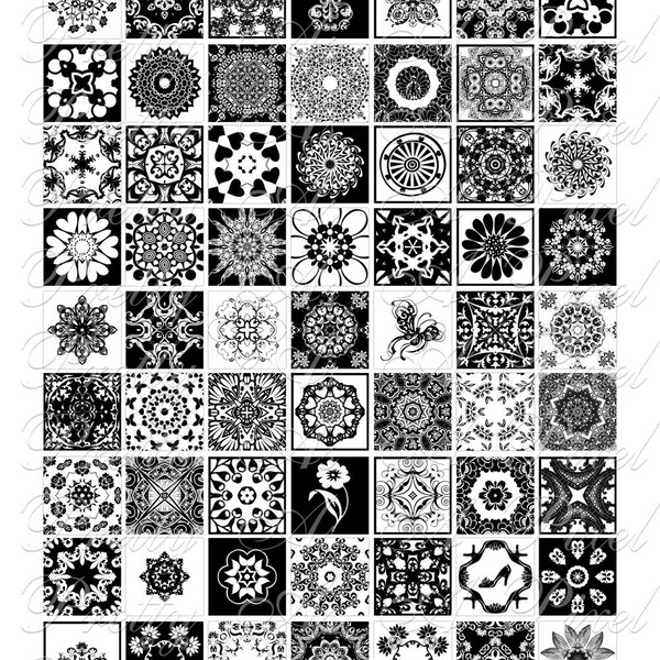 Black & White Ornaments - Mandalas - 2 sizes - Inchies AND scrabble tile size .75 x .83 inch - Digital Collage Sheet - INSTANT DOWNLOAD