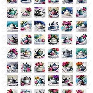 May include: A collection of 36 watercolour illustrations of teapots with floral accents. Each teapot is painted in a different colour and pattern, with delicate floral details. The teapots are arranged in a grid pattern on a white background.