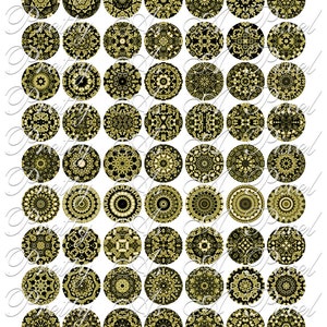 May include: A set of 100 round, black and gold digital paper designs. Each design features a circular mandala pattern with intricate details.