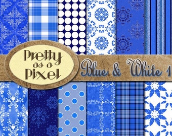 Blue & White 1 - Digital Paper Pack - INSTANT DOWNLOAD - Scrapbooking Backgrounds - 12 x 12 - Set of 12