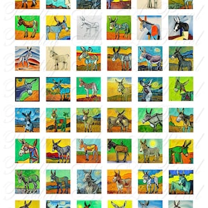 May include: A digital collage of 36 colorful paintings of donkeys in various styles and poses. The donkeys are depicted in a variety of settings, including fields, barns, and landscapes. The paintings are all in a vibrant, whimsical style.