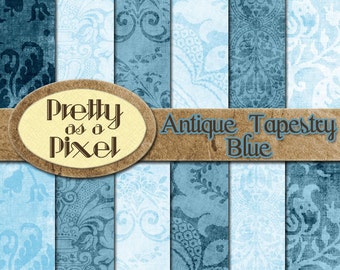 Antique Tapestry - Blue - Digital Paper Pack - Scrapbooking Backgrounds - 12 x 12 - Set of 12 - INSTANT DOWNLOAD