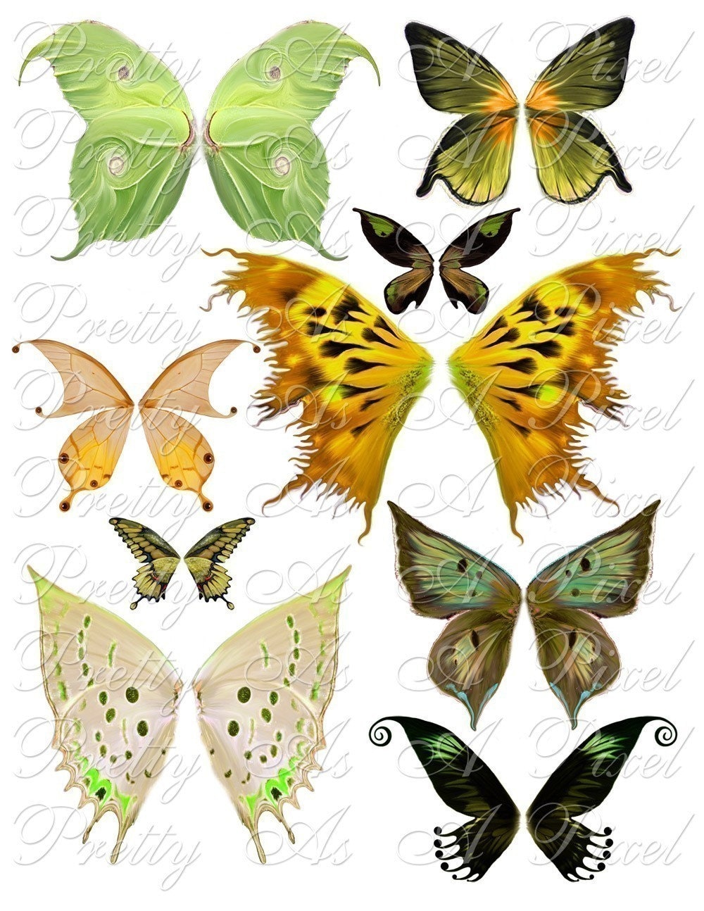 butterfly wings in green and gold set 2 instant download etsy