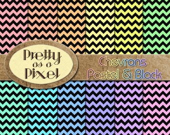 Printable Scrapbook Paper - Chevrons - Pastel & Black - 12 x 12 - Set of 12 - INSTANT DOWNLOAD