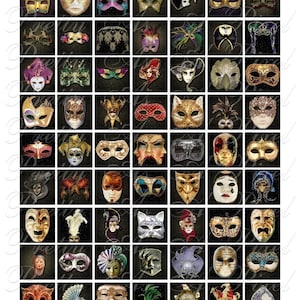 May include: A digital collage of 48 colorful and decorative masquerade masks. The masks are arranged in a grid pattern on a black background with a glittery texture. The masks are made of various materials, including feathers, sequins, and lace.