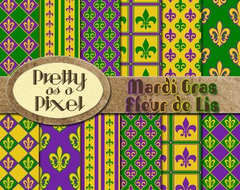 Printable Scrapbook Paper - Mardi Gras Fleur de Lis - 12 x 12 - Set of 12 - INSTANT DOWNLOAD
