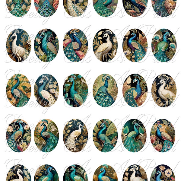 Art Nouveau Peacocks - INSTANT DOWNLOAD - 30 x 40 mm ovals - Digital Collage Sheet - clip art for jewelry scrapbook junk journal cabochon