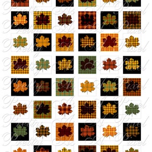Puede incluir: Un conjunto de 36 cuadrados de papel digital para scrapbooking con un diseño de hoja de arce en varios patrones de cuadros. Las hojas son en tonos de naranja, amarillo, verde y marrón.