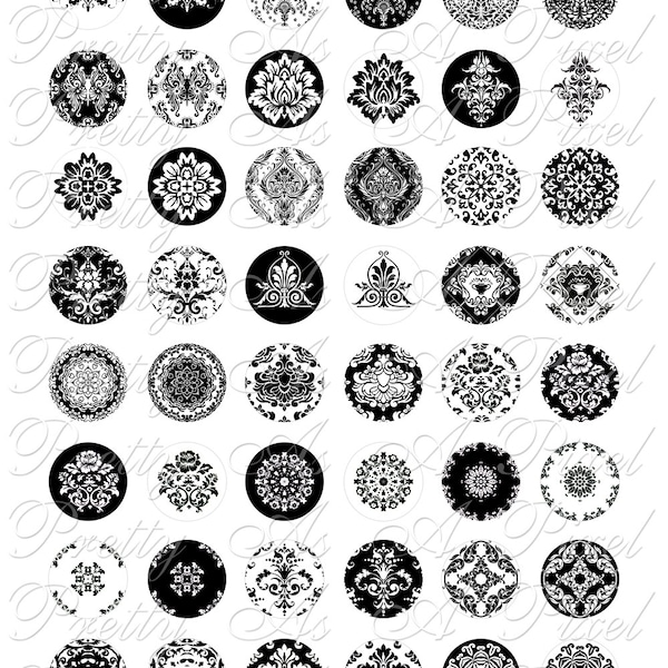 Black & White Damask - One Inch Circles - Digital Collage Sheet - INSTANT DOWNLOAD