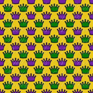 May include: A seamless pattern featuring alternating purple and green crowns on a yellow background.
