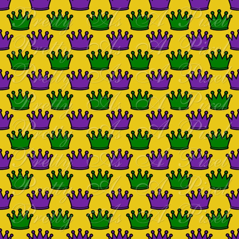 May include: A seamless pattern featuring alternating purple and green crowns on a yellow background.