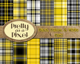 Papier do scrapbookingu do druku - Kratka w kolorze czarnym, żółtym i białym - 12 x 12 - Zestaw 12 sztuk - NATYCHMIASTOWE POBIERANIE