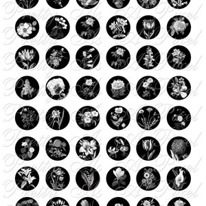 Floral Portraits in White on Black One Inch Circles INSTANT DOWNLOAD Digital Collage Sheet image 1