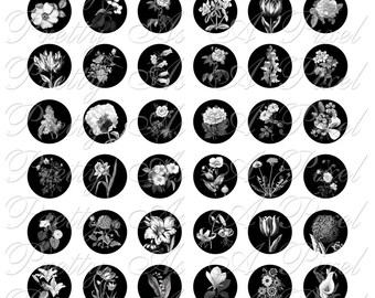 Floral Portraits in White on Black - One Inch Circles - INSTANT DOWNLOAD - Digital Collage Sheet