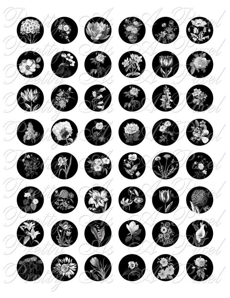 Floral Portraits in White on Black One Inch Circles INSTANT DOWNLOAD Digital Collage Sheet image 1