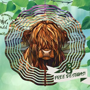 Stained Glass Highland Cow at Sunset Wind Spinner PNG, Wind Spinner Designs, Sublimation Wind Spinner, Wind Spinner File, Commercial Use