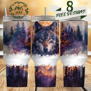 Grey Wolf Boho Moon Watercolor 40 oz Tumbler Sublimation Design Digital Download PNG Instant DIGITAL ONLY, Tumbler with Handle Wrap