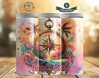 Stay Salty Tropical Nautical Compass, 20 oz Skinny Tumbler Design a sublimazione Download digitale PNG SOLO DIGITALE istantaneo, Tumbler Wrap